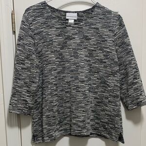 Alfred Dunner Womens Black White Grey Patterned Top Shirt 3/4 Sleeve LARGE